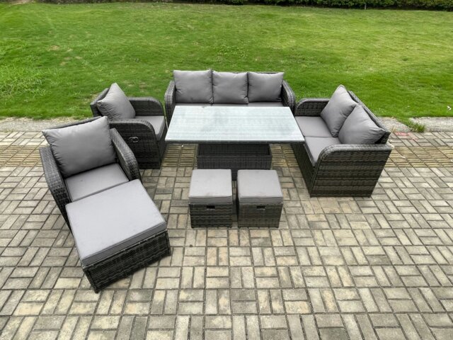 Rackhams Dark Grey Mixed PE Rattan Outdoor Dining Set - Height Adjustable Lifting Table, Reclining Chair & 3 Footstools - image 1