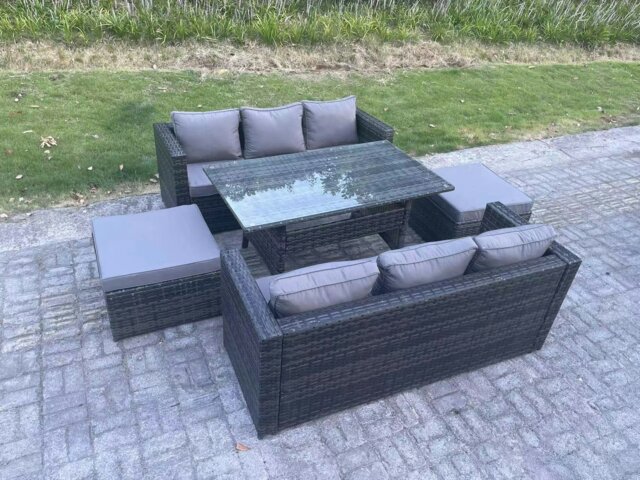 Rackhams 8 Seater Outdoor Lounge Sofa Garden Furniture Set Patio Rattan Rectangular Dining Table with 2 Big Footstool Dark Grey Mixed - image 1