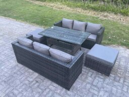 Rackhams 8 Seater Outdoor Lounge Sofa Garden Furniture Set Patio Rattan Rectangular Dining Table with 2 Big Footstool Dark Grey Mixed - thumbnail 2