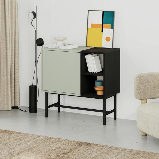 Rackhams Storage Cabinet Push-to-Open Door Sideboard, Open Shelf,Metal Leg, Easy Assembly, Living-Dining Room - Ash Green - image 1
