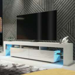 Rackhams Sleek Modern 200cm TV Unit Cabinet Stand White High Gloss Doors with Free LED Lights - 200 cm - 1 - White Matt Body & White Gloss Doors