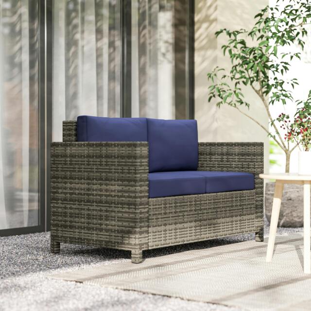 Rackhams Rattan Wicker 2-seat Sofa Loveseat Padded Garden Furniture - 130W x 70D x 80H cm - Grey / Navy Blue Cushions - image 1