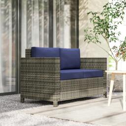 Rackhams Rattan Wicker 2-seat Sofa Loveseat Padded Garden Furniture - 130W x 70D x 80H cm - Grey / Navy Blue Cushions