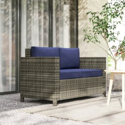 Rackhams Rattan Wicker 2-seat Sofa Loveseat Padded Garden Furniture - 130W x 70D x 80H cm - Grey / Navy Blue Cushions - thumbnail 3