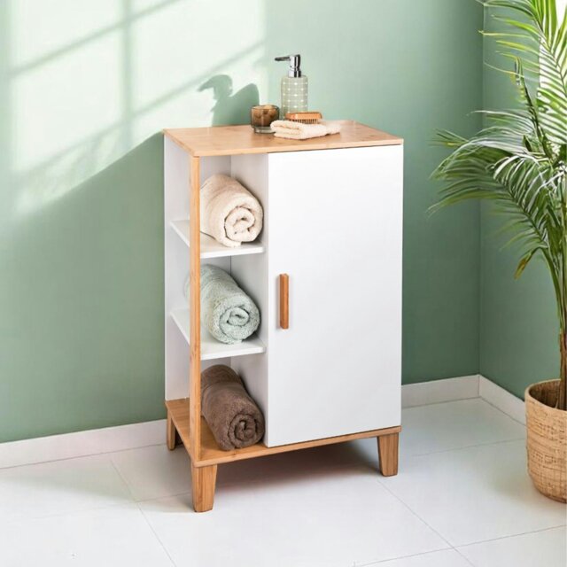 Rackhams Varallo Matt White & Bamboo Floor Bathroom Cabinet with Display Shelves - image 1
