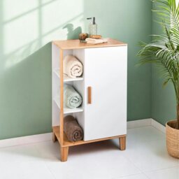 Rackhams Varallo Matt White & Bamboo Floor Bathroom Cabinet with Display Shelves