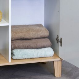 Rackhams Varallo Matt White & Bamboo Floor Bathroom Cabinet with Display Shelves - thumbnail 4