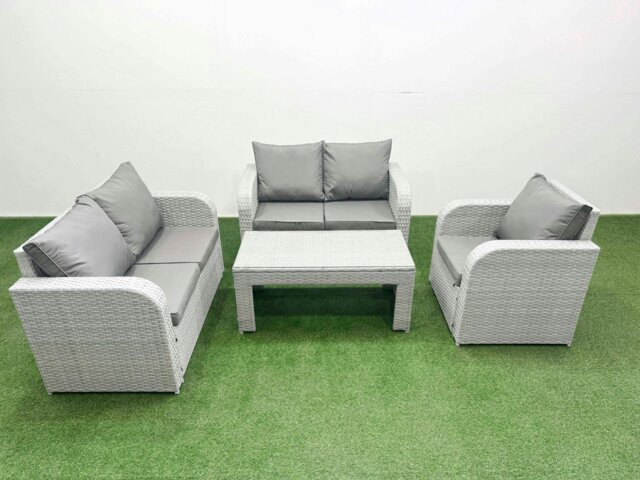 Rackhams High Back Poly Rattan Garden Furniture Set with Reclining Chair Loveseat Sofa Oblong Coffee Table Indoor Outdoor Patio Set Light Grey - image 1