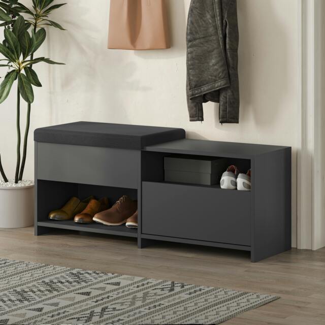 Rackhams Modern Filux Shoe Bench Rack Sliding Fabric Seat and 120.3(W) Storage Cabinet 2-Tier Open Shelves Hallway - Anthracite - image 1