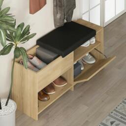 Rackhams Modern Filux Shoe Bench Rack Sliding Fabric Seat and 120.3(W) Storage Cabinet 2-Tier Open Shelves Hallway - Anthracite - thumbnail 2