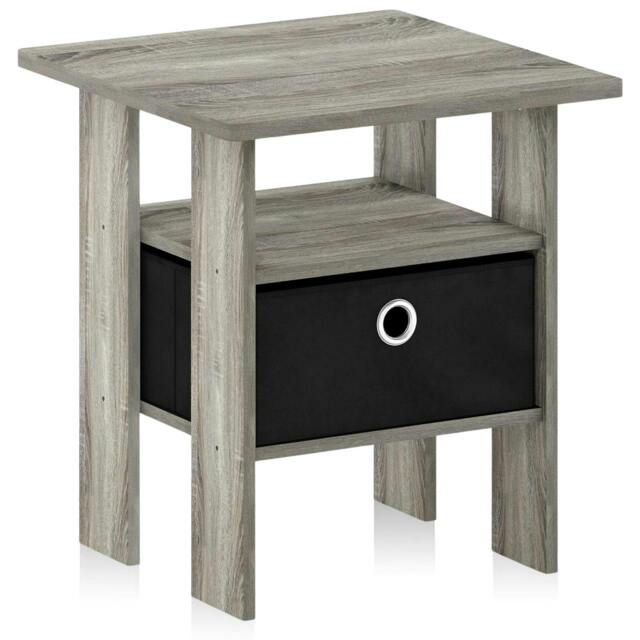 Rackhams Andrey End Table Nightstand with Bin Drawer, French Oak Grey/Black - Stylish Table for Home Use with Practical and Modern Design - image 1