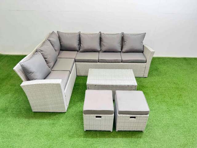 Rackhams 8 Seater Garden Outdoor PE Rattan Furniture Set Rattan Garden Sofa Sets with Oblong Coffee Table Light Grey Mixed - image 1