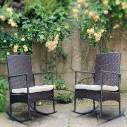 Rackhams 3-Piece Outdoor Rattan Bistro Set, 2 Seater Patio Rocking Chairs with Glass Top Coffee Table - thumbnail 4