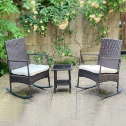Rackhams 3-Piece Outdoor Rattan Bistro Set, 2 Seater Patio Rocking Chairs with Glass Top Coffee Table - thumbnail 1