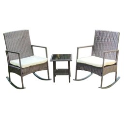 Rackhams 3-Piece Outdoor Rattan Bistro Set, 2 Seater Patio Rocking Chairs with Glass Top Coffee Table - thumbnail 2