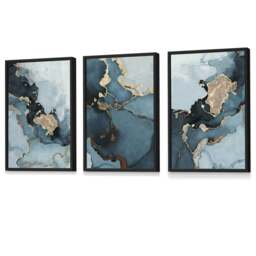 Rackhams Set of 3 Abstract Teal Blue and Gold Framed Wall Art Prints - 30x42cm (A3) - Light Oak - thumbnail 4