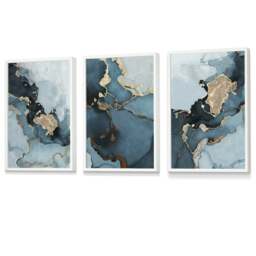 Rackhams Set of 3 Abstract Teal Blue and Gold Framed Wall Art Prints - 30x42cm (A3) - Light Oak - thumbnail 5