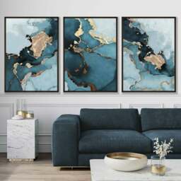 Rackhams Set of 3 Abstract Teal Blue and Gold Framed Wall Art Prints - 30x42cm (A3) - Light Oak - thumbnail 2