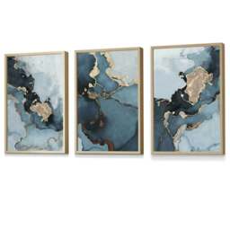 Rackhams Set of 3 Abstract Teal Blue and Gold Framed Wall Art Prints - 30x42cm (A3) - Light Oak