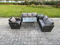Rackhams 6 Seater Outdoor Rattan Garden Furniture Set Patio Lounge Sofa Set with Dining Table Side Table Dark Grey Mixed - thumbnail 1