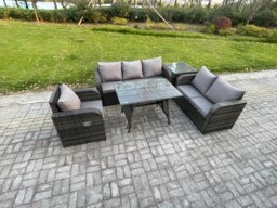 Rackhams 6 Seater Outdoor Rattan Garden Furniture Set Patio Lounge Sofa Set with Dining Table Side Table Dark Grey Mixed - thumbnail 2