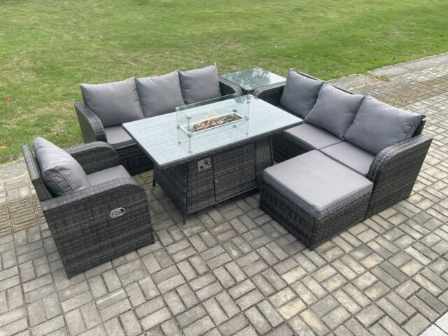 Rackhams 8-Seater Rattan Outdoor Gas Fire Pit Dining Set - Rectangle Table, Reclining Chair, 3-Seater Sofa, Footstool, Side Table - image 1