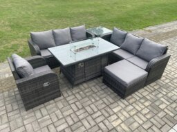 Rackhams 8-Seater Rattan Outdoor Gas Fire Pit Dining Set - Rectangle Table, Reclining Chair, 3-Seater Sofa, Footstool, Side Table - thumbnail 2
