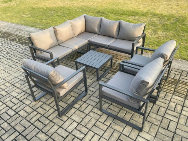Rackhams 8 Seater Outdoor Aluminium Garden Furniture Set Corner Lounge Sofa Set with Square Coffee Table Chair Dark Grey