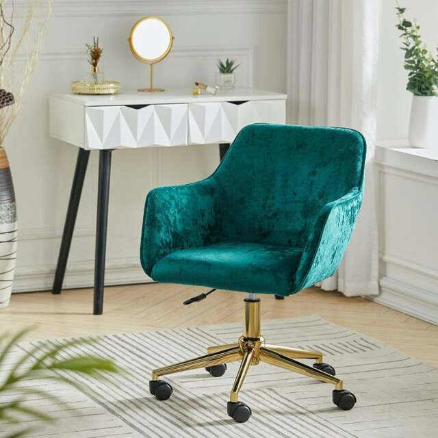 Rackhams 88cm Height Velvet Upholstered Home Office Swivel Task Chair with Flared Arms - Dark Green