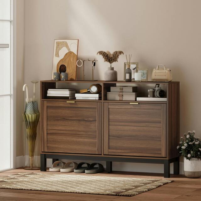 Rackhams Narrow Shoe Cabinet with 2 Flip Drawers, Modern Shoe Storage Cabinet - Rustic Brown - image 1