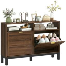 Rackhams Narrow Shoe Cabinet with 2 Flip Drawers, Modern Shoe Storage Cabinet - Rustic Brown - thumbnail 2