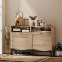 Rackhams Narrow Shoe Cabinet with 2 Flip Drawers, Modern Shoe Storage Cabinet - Rustic Brown - thumbnail 6