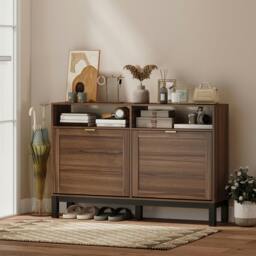 Rackhams Narrow Shoe Cabinet with 2 Flip Drawers, Modern Shoe Storage Cabinet - Rustic Brown - thumbnail 1