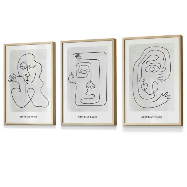 Rackhams Picasso Style Grey Abstract Faces Framed Wall Art Prints - 30x42cm (A3) - Light Oak - image 1