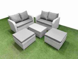 Rackhams 6 Seater Outdoor Love Sofa Set Rattan Garden Furniture Set with Rectangular Coffee Table 2 Footstool Light Grey - thumbnail 1