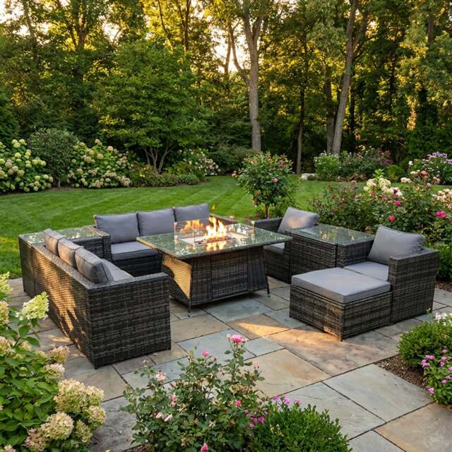 Rackhams 9 Seater Rattan Outdoor Garden Furniture Set with Gas Fire Pit Dining Table, 2 Sofas, 2 Chairs, 2 Side Tables - Dark Grey - image 1