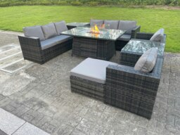Rackhams 9 Seater Rattan Outdoor Garden Furniture Set with Gas Fire Pit Dining Table, 2 Sofas, 2 Chairs, 2 Side Tables - Dark Grey - thumbnail 4