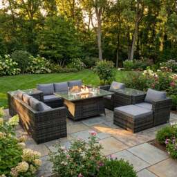 Rackhams 9 Seater Rattan Outdoor Garden Furniture Set with Gas Fire Pit Dining Table, 2 Sofas, 2 Chairs, 2 Side Tables - Dark Grey - thumbnail 1