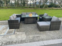 Rackhams 9 Seater Rattan Outdoor Garden Furniture Set with Gas Fire Pit Dining Table, 2 Sofas, 2 Chairs, 2 Side Tables - Dark Grey - thumbnail 2