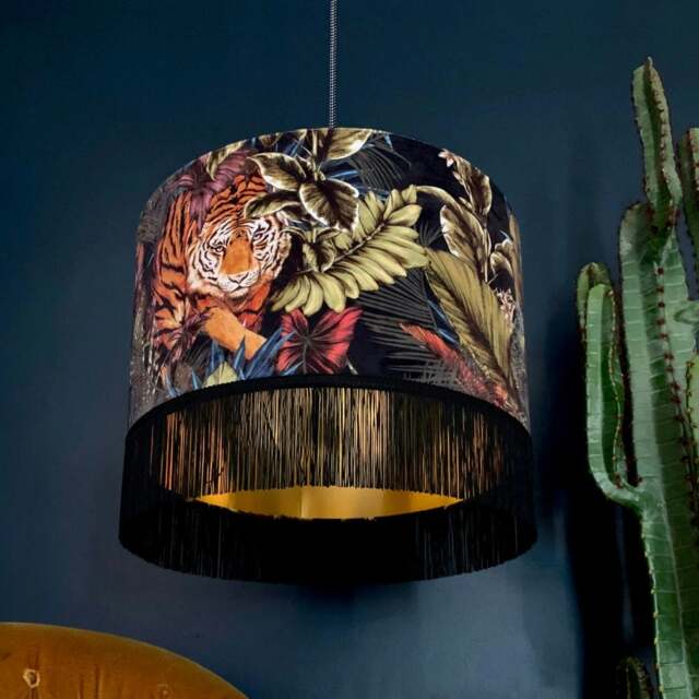 "Rackhams Big Cat Velvet Lampshade in Rust With Gold Lining and Fringing - Ceiling Pendant / Arc Lamp - 35cm Diameter x 25cm Height (14"" x 10"")" - image 1