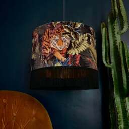 "Rackhams Big Cat Velvet Lampshade in Rust With Gold Lining and Fringing - Ceiling Pendant / Arc Lamp - 35cm Diameter x 25cm Height (14"" x 10"")" - thumbnail 2