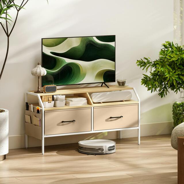 Rackhams TV Stand Cabinet with 2 Foldable Drawers, Rustic Brown - Natural wood finish - 98W x 35D x 50.5H cm - image 1