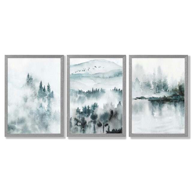Rackhams Teal Blue Abstract Forest Lake Set of 3 Framed Wall Art - 50x70cm - Light Grey - image 1
