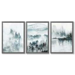 Rackhams Teal Blue Abstract Forest Lake Set of 3 Framed Wall Art - 50x70cm - Light Grey - thumbnail 4