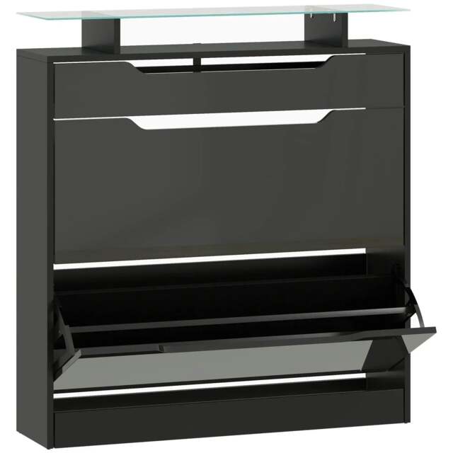 Rackhams Shoe Storage Cabinet with Slide Out Drawer, 2 Flip Doors, Tempered Glass Top - Black