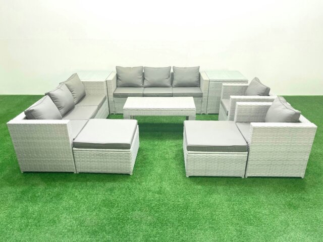 Rackhams Outdoor Garden Furniture Rattan Sofa Set with 2 Armchairs Oblong Coffee Table 2 Big Footstools 2 Side Tables Light Grey Mixed - image 1