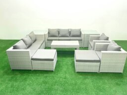 Rackhams Outdoor Garden Furniture Rattan Sofa Set with 2 Armchairs Oblong Coffee Table 2 Big Footstools 2 Side Tables Light Grey Mixed - thumbnail 2