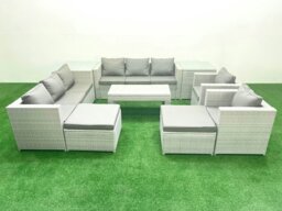Rackhams Outdoor Garden Furniture Rattan Sofa Set with 2 Armchairs Oblong Coffee Table 2 Big Footstools 2 Side Tables Light Grey Mixed - thumbnail 1