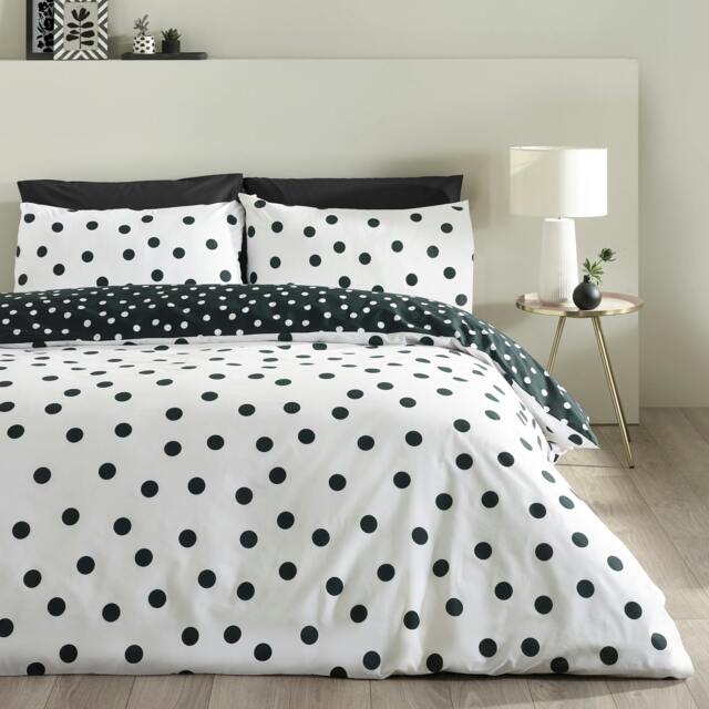 Rackhams Polka Dot Reversible Duvet Cover Set Black / White - King - Black / White - image 1