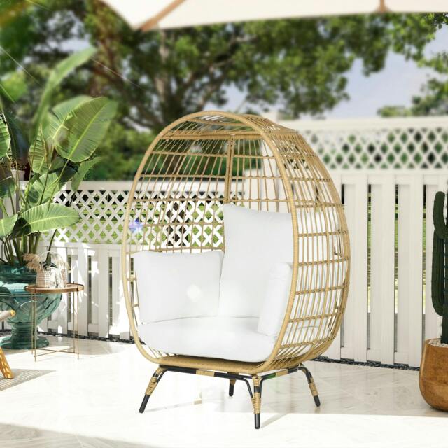 Rackhams PE Rattan Egg Chair w/ Padded Cushions for Garden, Charcoal Grey - Khaki - image 1